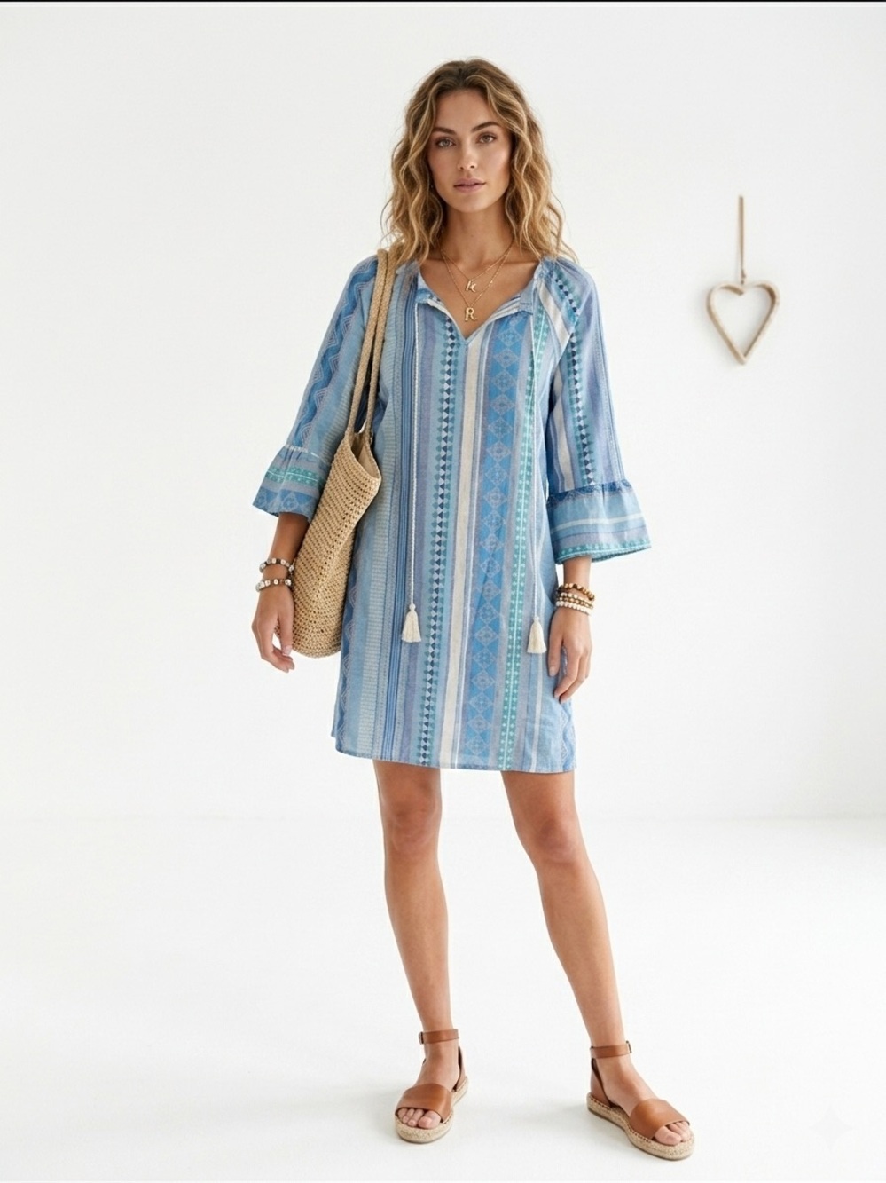 Lungo L'arno Boho Geometric Stripe Shirt Dress Blue Sleeve Tassel Split Neck MED